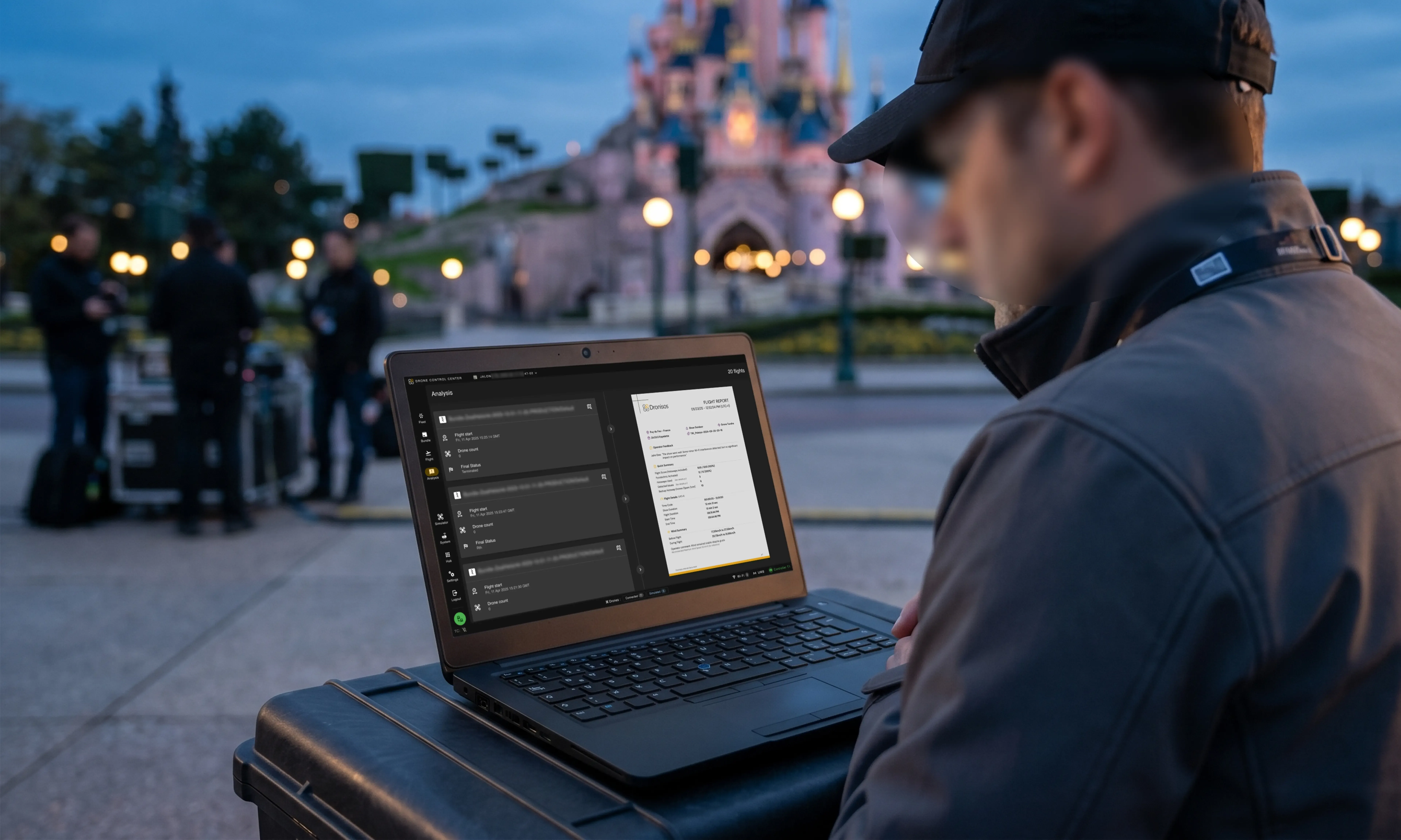 Opérateur Dronisos en conditions terrain devant le château de Disneyland Paris, au crépuscule. Il consulte la page Analysis de la DCC sur un laptop posé sur une caisse de transport ; le nouveau rapport de vol est ouvert dans le panneau de droite.