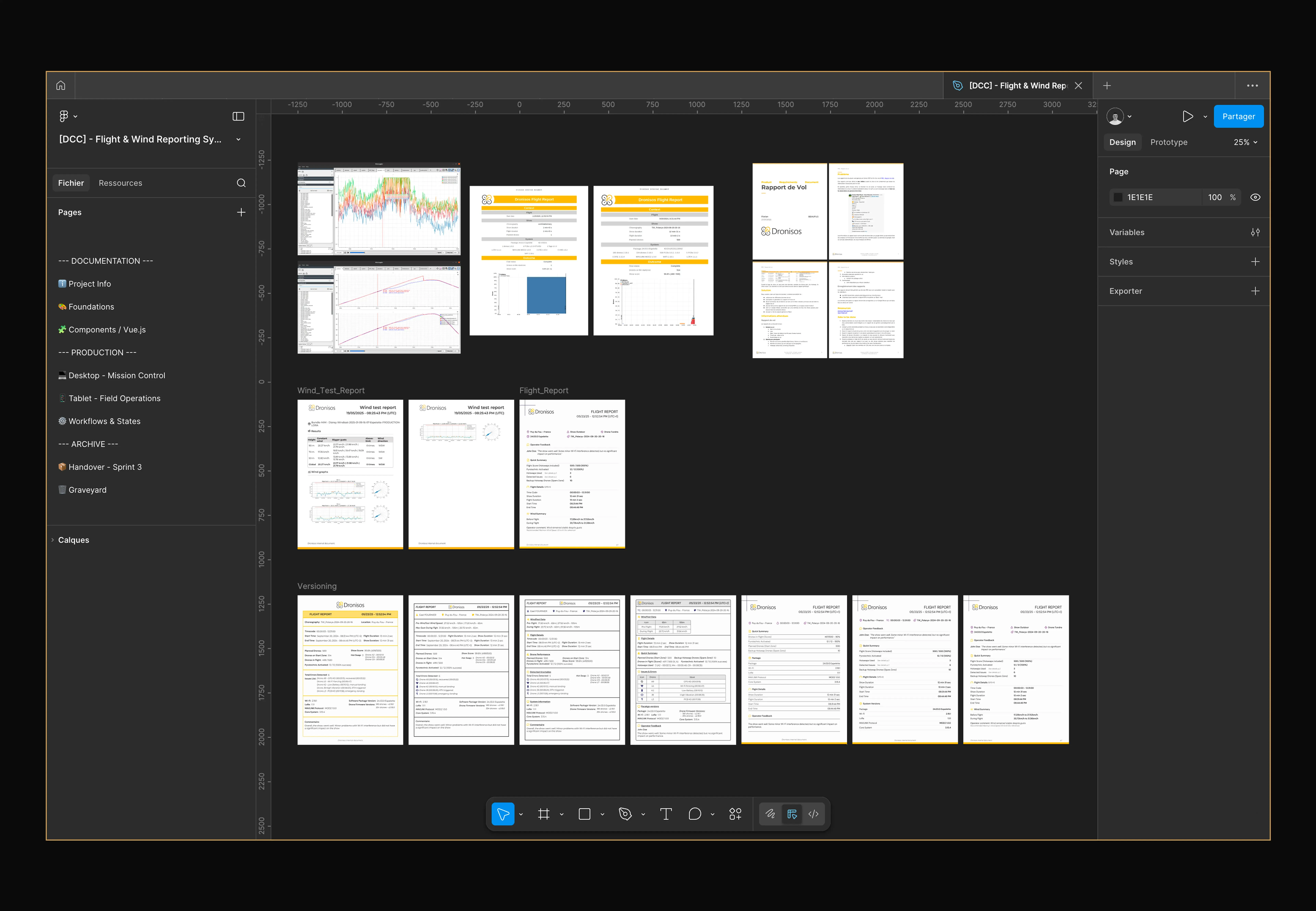 Extrait du design system Figma, sept itérations versionnées : fondations (couleurs, typographie, espacements), composants Vuetify 3 adaptés, workflows et états du rapport de vol.