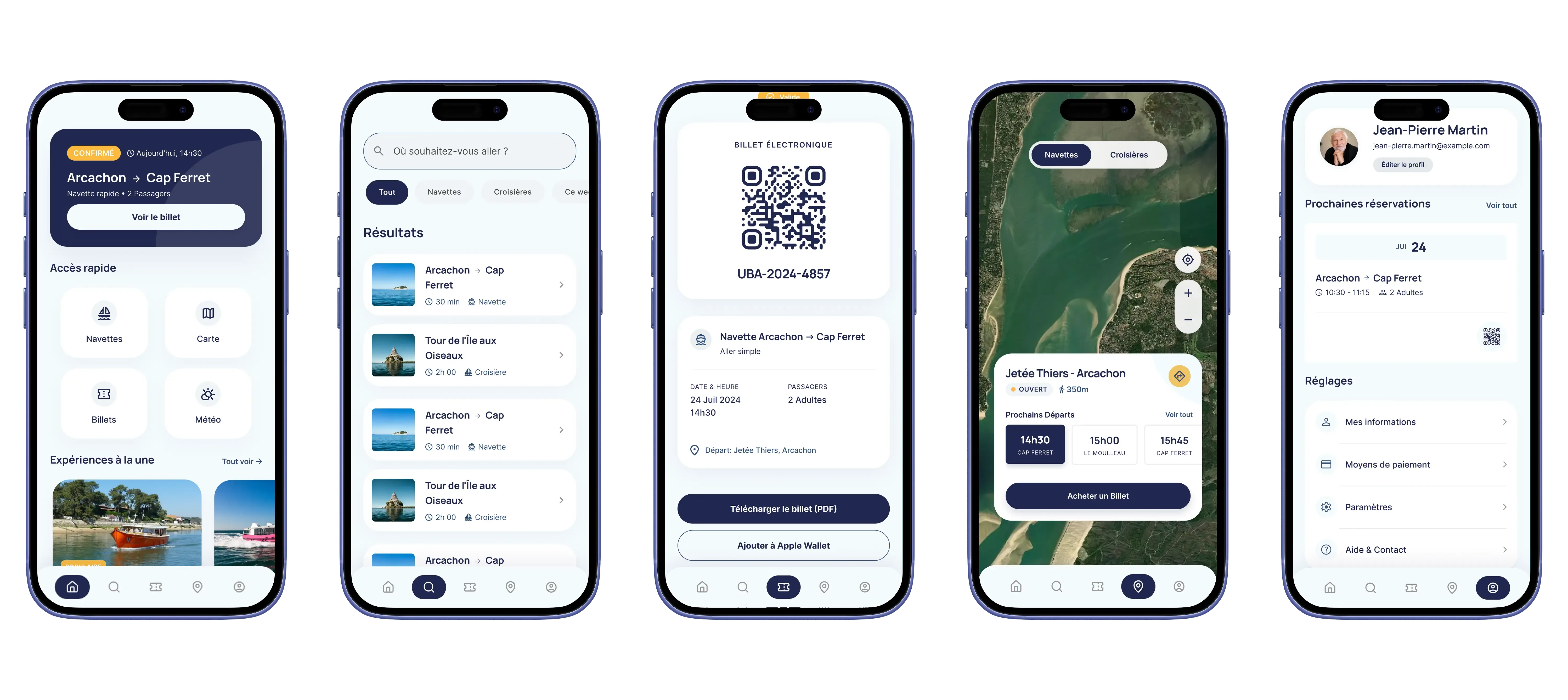 Planche de cinq maquettes haute fidélité sur iPhone présentant les écrans qui matérialisent la tab bar iOS de l'application UBA : Accueil avec accès rapide aux excursions du jour et carrousel d'expériences à la une, Recherche avec résultats filtrés par type d'excursion (croisière, événement), Billet avec QR code centré, numéro de réservation et lien Apple Wallet, Carte interactive du Bassin avec les points d'embarquement (Jetée Thiers Arcachon) et sélecteur de date, Compte avec les prochaines réservations et l'accès aux paramètres.