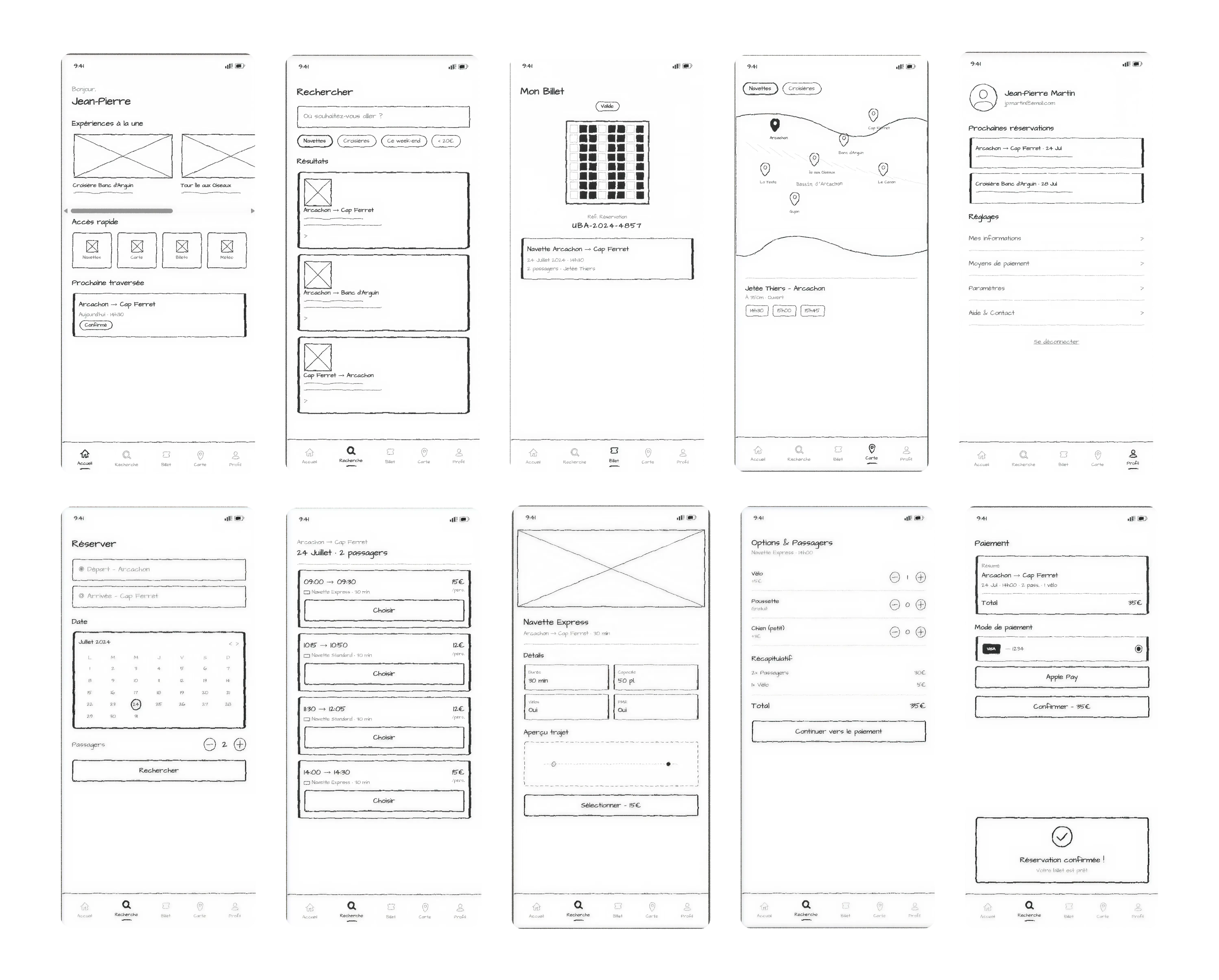 Planche de dix wireframes basse fidélité couvrant le périmètre complet de l'application UBA, organisés en deux rangées. Première rangée : accueil personnalisé avec carrousel d'expériences à la une et accès rapide aux fonctionnalités, recherche d'excursion avec filtres de typologie et liste de résultats, écran Mon Billet matérialisant l'emplacement du QR code, carte du Bassin avec points d'embarquement et sélecteur de date, écran Compte avec paramètres et préférences. Deuxième rangée : tunnel de réservation déroulé étape par étape — sélecteur de trajet et calendrier, saisie des passagers, choix du créneau horaire avec tarifs, options et équipements (vélo), paiement multi-moyens et confirmation finale.